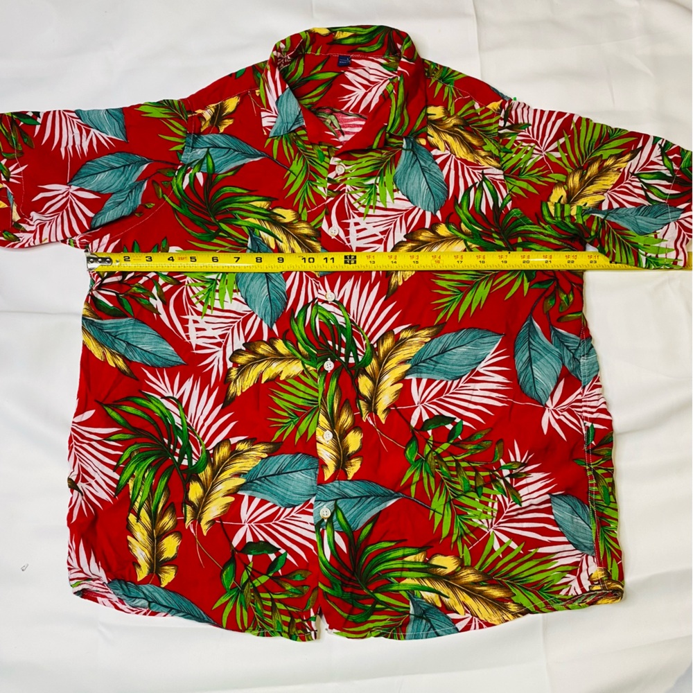 Red and Green Casual Button Down Shirt with Tropical Print